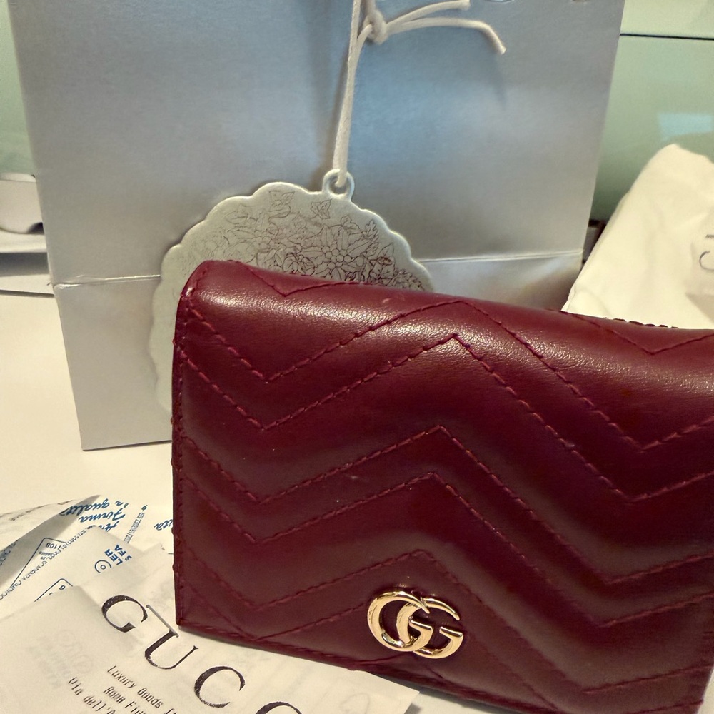 Gucci Quilted Chevron Mini Wallet - Deep Maroon with Gold Hardware